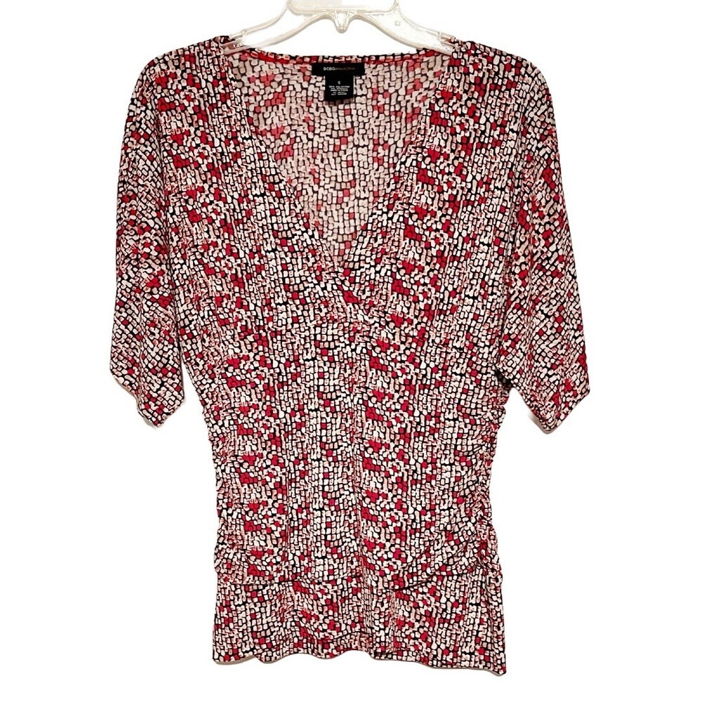 BCBG Max Azria Womens Small V-Neck Ruched Printed Shirt Blouse Preppy Y2K